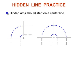 Hidden arcs should start on a center line.
HIDDEN LINE PRACTICE
 