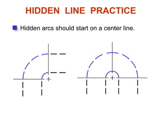 Hidden arcs should start on a center line.
HIDDEN LINE PRACTICE
 