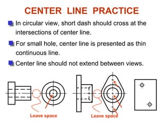 CENTER LINE PRACTICE
In circular view, short dash should cross at the
intersections of center line.
For small hole, center line is presented as thin
continuous line.
Center line should not extend between views.
Leave space Leave space
 
