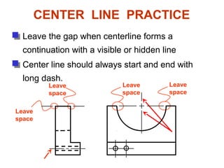 Leave the gap when centerline forms a
continuation with a visible or hidden line
Leave
space
Leave
space
Leave
space
Leave
space
Center line should always start and end with
long dash.
CENTER LINE PRACTICE
 