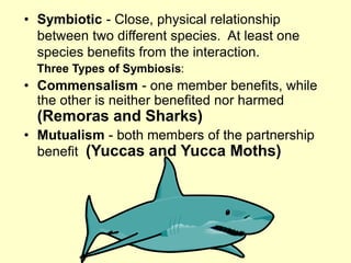 • Symbiotic - Close, physical relationship
between two different species. At least one
species benefits from the interaction.
Three Types of Symbiosis:
• Commensalism - one member benefits, while
the other is neither benefited nor harmed
(Remoras and Sharks)
• Mutualism - both members of the partnership
benefit (Yuccas and Yucca Moths)
 