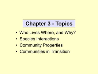Chapter 3 - Topics
• Who Lives Where, and Why?
• Species Interactions
• Community Properties
• Communities in Transition
 