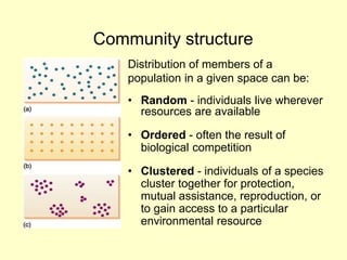 Community structure
Distribution of members of a
population in a given space can be:
• Random - individuals live wherever
resources are available
• Ordered - often the result of
biological competition
• Clustered - individuals of a species
cluster together for protection,
mutual assistance, reproduction, or
to gain access to a particular
environmental resource
 