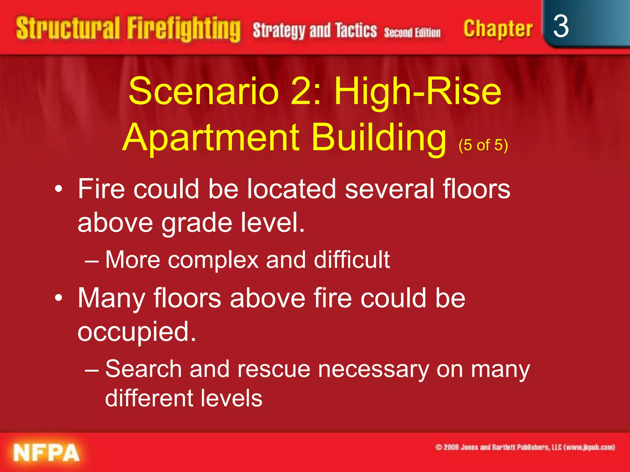 3

     Scenario 2: High-Rise
     Apartment Building (5 of 5)
• Fire could be located several floors
  above grade level.
  – More complex and difficult
• Many floors above fire could be
  occupied.
  – Search and rescue necessary on many
    different levels
 
