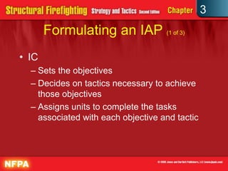 3
       Formulating an IAP (1 of 3)
• IC
  – Sets the objectives
  – Decides on tactics necessary to achieve
    those objectives
  – Assigns units to complete the tasks
    associated with each objective and tactic
 