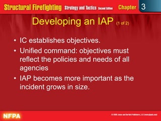 3
     Developing an IAP (1 of 2)
• IC establishes objectives.
• Unified command: objectives must
  reflect the policies and needs of all
  agencies
• IAP becomes more important as the
  incident grows in size.
 