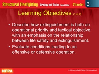3
     Learning Objectives (1 of 2)
• Describe how extinguishment is both an
  operational priority and tactical objective
  with an emphasis on the relationship
  between life safety and extinguishment.
• Evaluate conditions leading to an
  offensive or defensive operation.
 