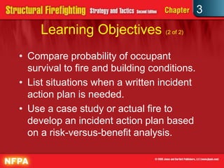 3
     Learning Objectives (2 of 2)
• Compare probability of occupant
  survival to fire and building conditions.
• List situations when a written incident
  action plan is needed.
• Use a case study or actual fire to
  develop an incident action plan based
  on a risk-versus-benefit analysis.
 