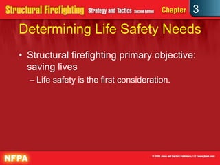 3
Determining Life Safety Needs
• Structural firefighting primary objective:
  saving lives
  – Life safety is the first consideration.
 