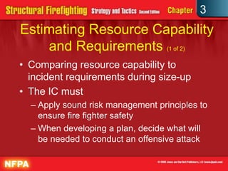 3
Estimating Resource Capability
    and Requirements (1 of 2)
• Comparing resource capability to
  incident requirements during size-up
• The IC must
  – Apply sound risk management principles to
    ensure fire fighter safety
  – When developing a plan, decide what will
    be needed to conduct an offensive attack
 