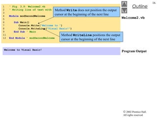 © 2002 Prentice Hall.
All rights reserved.
Outline
16
Welcome2.vb
Program Output
1 ' Fig. 3.9: Welcome2.vb
2 ' Writing line of text with multiple statements.
3
4 Module modSecondWelcome
5
6 Sub Main()
7 Console.Write("Welcome to ")
8 Console.WriteLine("Visual Basic!")
9 End Sub ' Main
11
12 End Module ' modSecondWelcome
Welcome to Visual Basic!
Method Write does not position the output
cursor at the beginning of the next line
Method WriteLine positions the output
cursor at the beginning of the next line
 