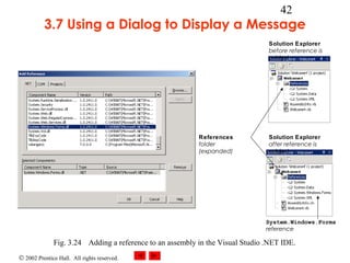 © 2002 Prentice Hall. All rights reserved.
42
3.7 Using a Dialog to Display a Message
Fig. 3.24 Adding a reference to an assembly in the Visual Studio .NET IDE.
References
folder
(expanded)
Solution Explorer
before reference is
added
Solution Explorer
after reference is
added
System.Windows.Forms
reference
 