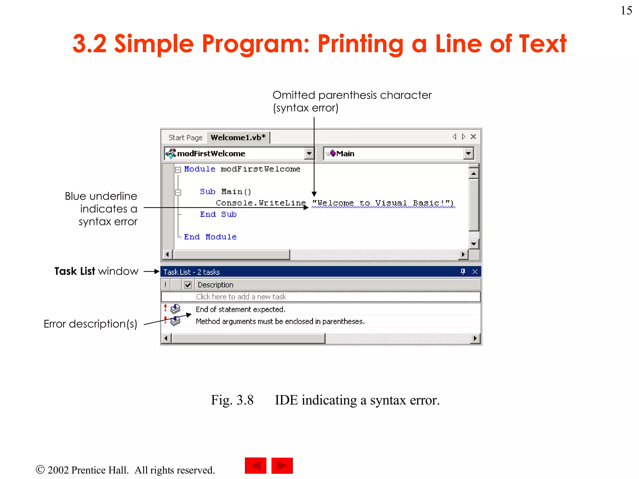 3.2 Simple Program: Printing a Line of Text Fig. 3.8 IDE indicating a syntax error. Omitted parenthesis character (syntax error) Blue underline indicates a syntax error Task List window Error description(s) 