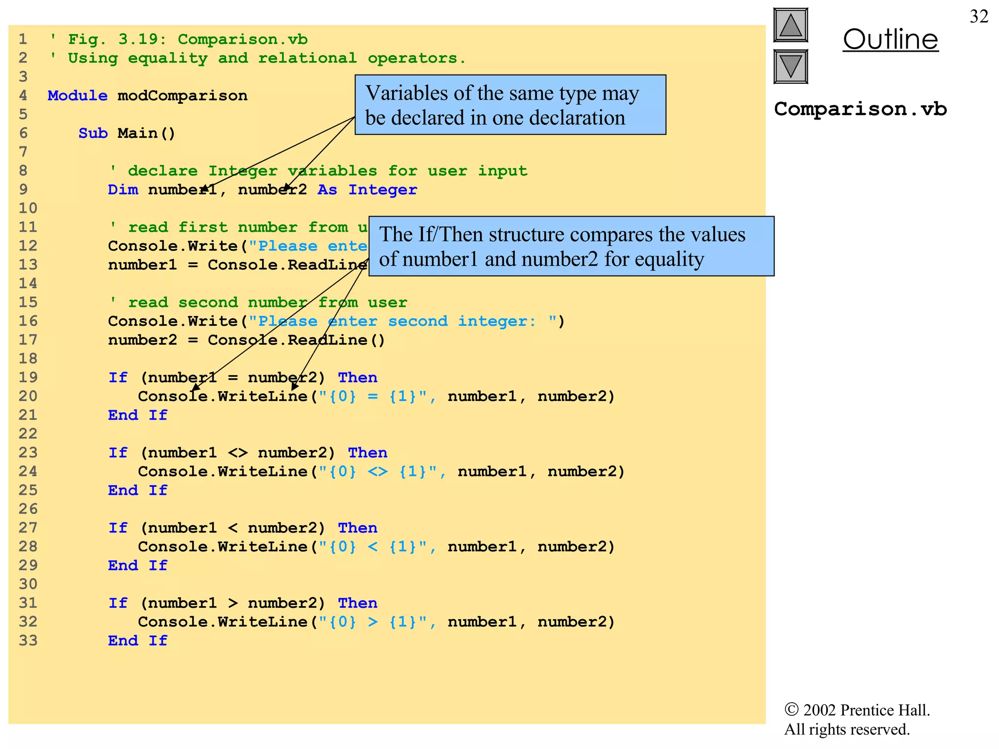 Comparison.vb 1 ' Fig. 3.19: Comparison.vb 2 ' Using equality and relational operators. 3 4 Module modComparison 5 6 Sub Main() 7 8 ' declare Integer variables for user input 9 Dim number1, number2 As Integer 10 11 ' read first number from user 12 Console.Write( &quot;Please enter first integer: &quot; ) 13 number1 = Console.ReadLine() 14 15 ' read second number from user 16 Console.Write( &quot;Please enter second integer: &quot; ) 17 number2 = Console.ReadLine() 18 19 If (number1 = number2) Then 20 Console.WriteLine( &quot;{0} = {1}&quot;, number1, number2) 21 End If 22 23 If (number1 <> number2) Then 24 Console.WriteLine( &quot;{0} <> {1}&quot;, number1, number2) 25 End If 26 27 If (number1 < number2) Then 28 Console.WriteLine( &quot;{0} < {1}&quot;, number1, number2) 29 End If 30 31 If (number1 > number2) Then 32 Console.WriteLine( &quot;{0} > {1}&quot;, number1, number2) 33 End If Variables of the same type may be declared in one declaration The If/Then structure compares the values of number1 and number2 for equality 