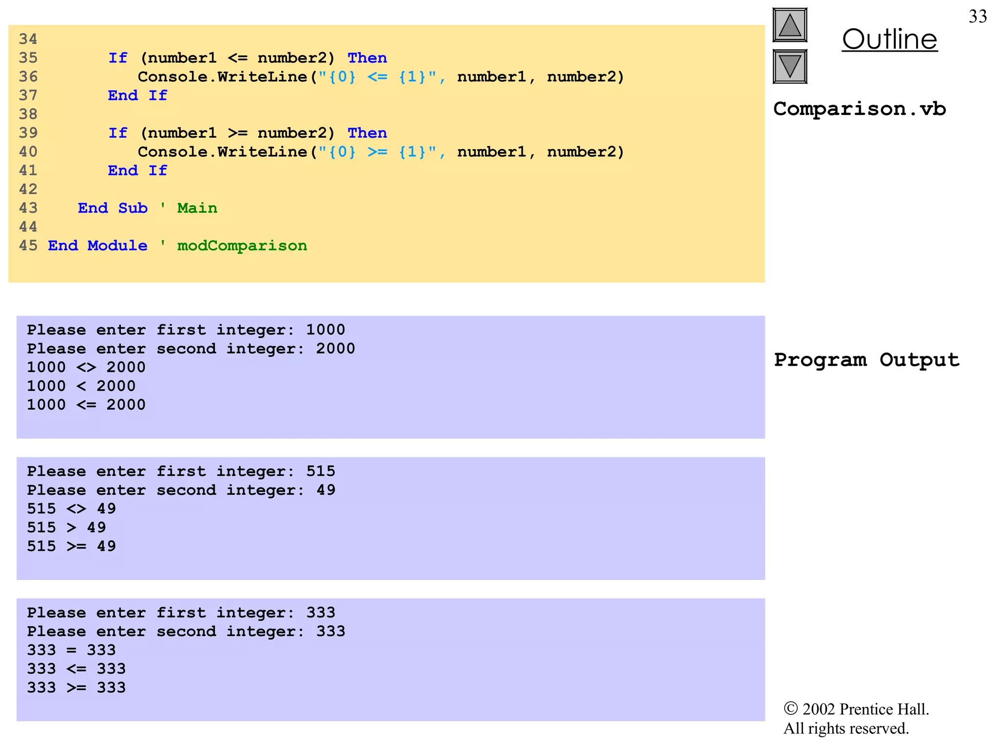 Comparison.vb Program Output 34 35 If (number1 <= number2) Then 36 Console.WriteLine( &quot;{0} <= {1}&quot;, number1, number2) 37 End If 38 39 If (number1 >= number2) Then 40 Console.WriteLine( &quot;{0} >= {1}&quot;, number1, number2) 41 End If 42 43 End Sub ' Main 44 45 End Module ' modComparison Please enter first integer: 1000 Please enter second integer: 2000 1000 <> 2000 1000 < 2000 1000 <= 2000 Please enter first integer: 515 Please enter second integer: 49 515 <> 49 515 > 49 515 >= 49 Please enter first integer: 333 Please enter second integer: 333 333 = 333 333 <= 333 333 >= 333 