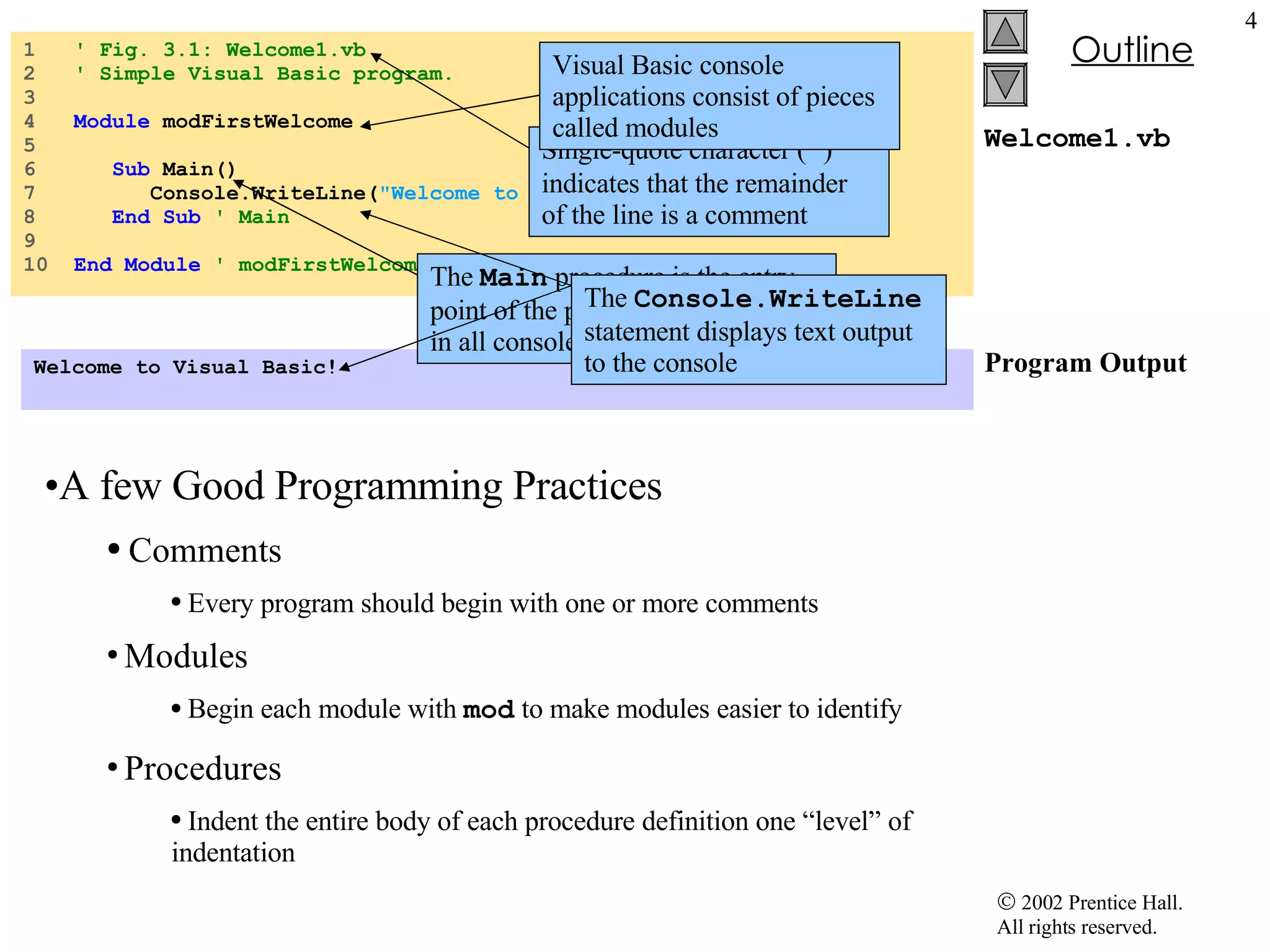 Welcome1.vb Program Output 1 ' Fig. 3.1: Welcome1.vb 2 ' Simple Visual Basic program. 3 4 Module modFirstWelcome 5 6 Sub Main() 7 Console.WriteLine( &quot;Welcome to Visual Basic!&quot; ) 8 End Sub ' Main 9 10 End Module ' modFirstWelcome Welcome to Visual Basic! A few Good Programming Practices Comments Every program should begin with one or more comments Modules Begin each module with mod to make modules easier to identify Procedures Indent the entire body of each procedure definition one “level” of indentation Single-quote character ( ' ) indicates that the remainder of the line is a comment Visual Basic console applications consist of pieces called modules The Main procedure is the entry point of the program. It is present in all console applications The Console.WriteLine statement displays text output to the console 