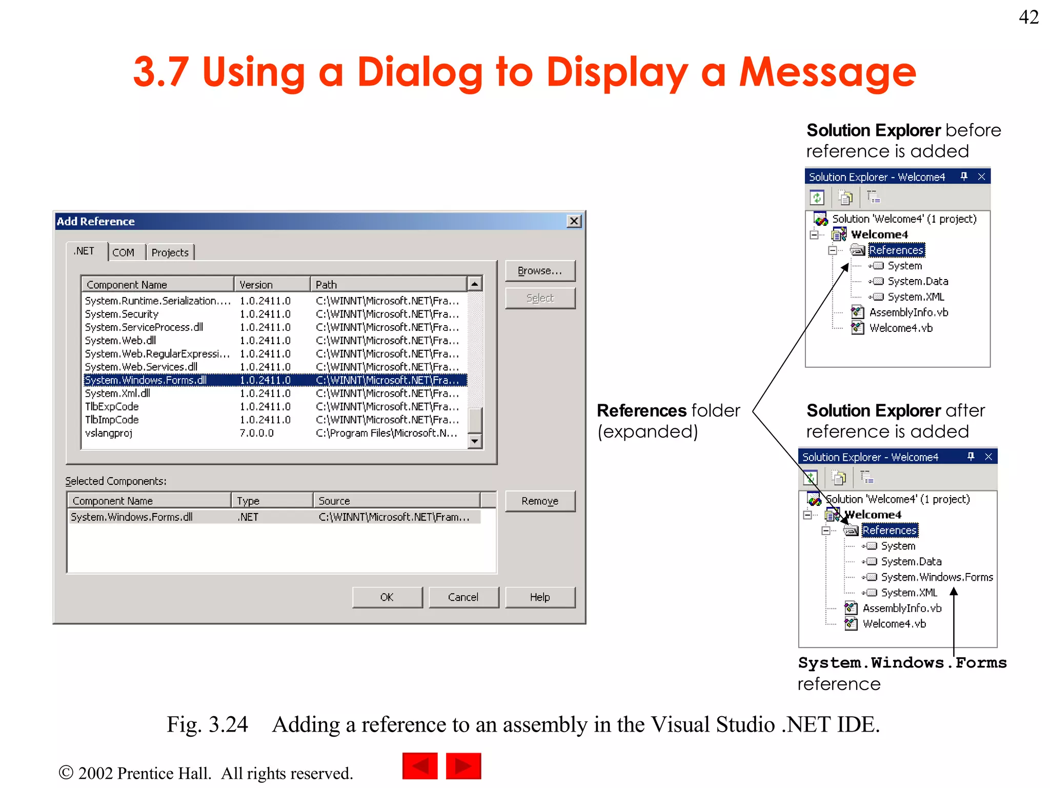 3.7 Using a Dialog to Display a Message Fig. 3.24 Adding a reference to an assembly in the Visual Studio .NET IDE. References folder (expanded) Solution Explorer before reference is added Solution Explorer after reference is added System.Windows.Forms reference 