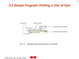 3.2 Simple Program: Printing a Line of Text Fig. 3.6 Parameter Info and Parameter List windows. Up arrow Down arrow Parameter List window Parameter Info window 