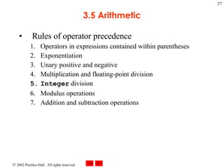 3.5 Arithmetic Rules of operator precedence Operators in expressions contained within parentheses Exponentiation  Unary positive and negative  Multiplication and floating-point division  Integer  division Modulus operations Addition and subtraction operations 