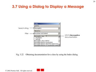 3.7 Using a Dialog to Display a Message Fig. 3.22 Obtaining documentation for a class by using the Index dialog. Search string Filter Link to  MessageBox  documentation 