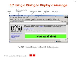 3.7 Using a Dialog to Display a Message Fig. 3.25 Internet Explorer window with GUI components. Label Button (displaying an icon) Menu (e.g.,  Help ) Text box Menu bar 