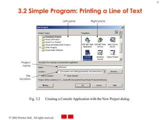 3.2 Simple Program: Printing a Line of Text Fig. 3.2 Creating a Console Application with the New Project dialog. Left pane Right pane Project name File location 
