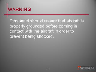 WARNING
Personnel should ensure that aircraft is
properly grounded before coming in
contact with the aircraft in order to
prevent being shocked.
3–27
 