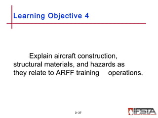 Explain aircraft construction,
structural materials, and hazards as
they relate to ARFF training operations.
Learning Objective 4
3–37
 