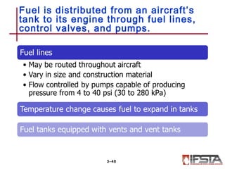 Fuel is distributed from an aircraft’s
tank to its engine through fuel lines,
control valves, and pumps.
3–48
 