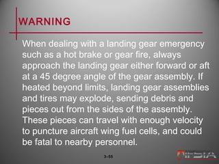 WARNING
When dealing with a landing gear emergency
such as a hot brake or gear fire, always
approach the landing gear either forward or aft
at a 45 degree angle of the gear assembly. If
heated beyond limits, landing gear assemblies
and tires may explode, sending debris and
pieces out from the sides of the assembly.
These pieces can travel with enough velocity
to puncture aircraft wing fuel cells, and could
be fatal to nearby personnel.
3–55
 