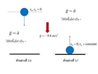 g a

 
0 0
, 0
x v =
ให้ทิศขึ้นมีค่าเป็น +
ตัวอย่างที่ 3.6
2
9.8 m/s
g


g a

 
0 0
0, constant
x v
= =
ให้ทิศขึ้นมีค่าเป็น +
ตัวอย่างที่ 3.7
 