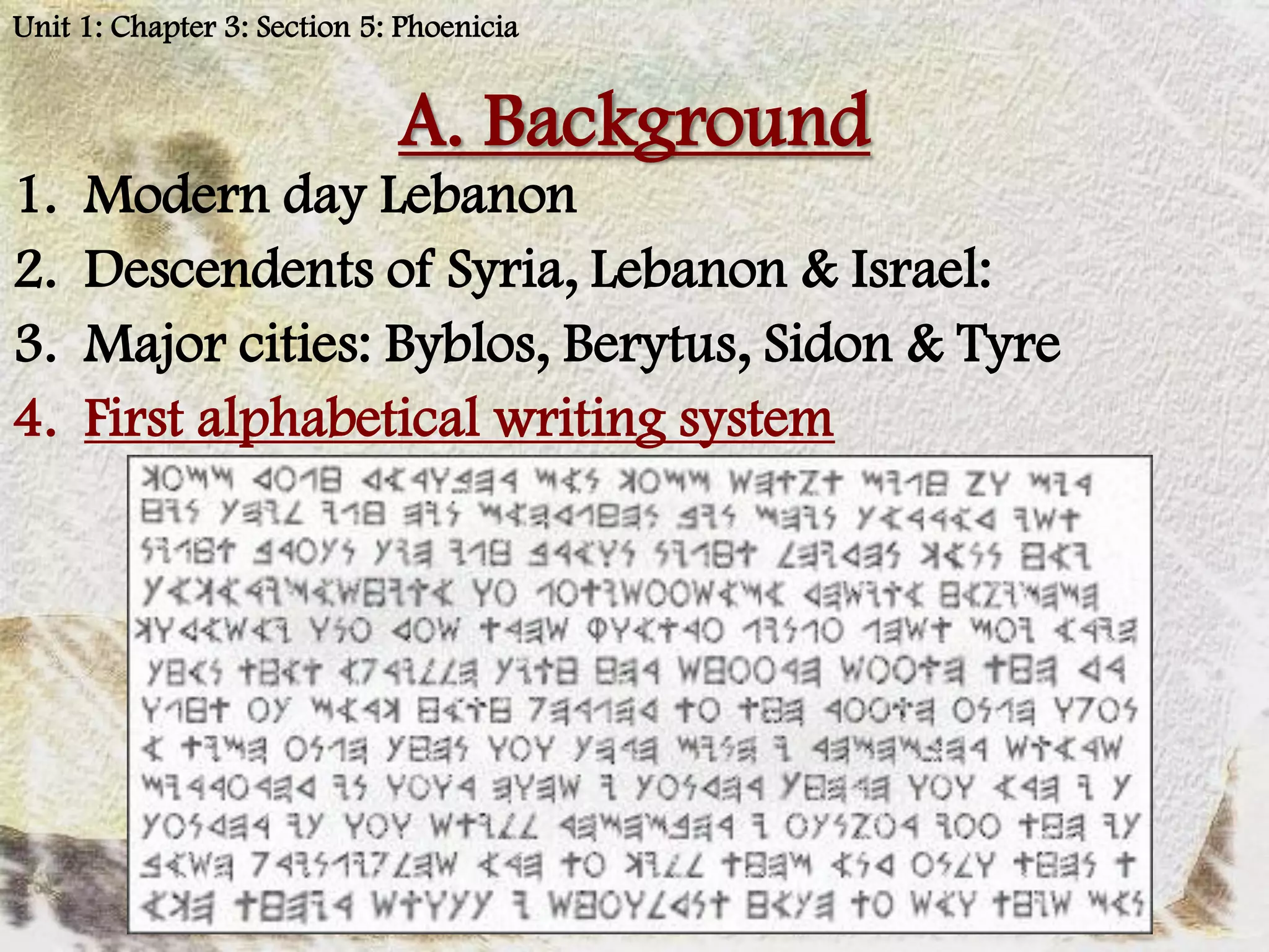 Unit 1: Chapter 3: Section 5: Phoenicia


                             A. Background
1.   Modern day Lebanon
2.   Descendents of Syria, Lebanon & Israel:
3.   Major cities: Byblos, Berytus, Sidon & Tyre
4.   First alphabetical writing system
 