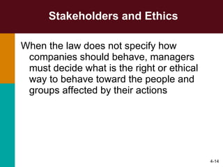 Stakeholders and Ethics When the law does not specify how companies should behave, managers must decide what is the right or ethical way to behave toward the people and groups affected by their actions 4- 