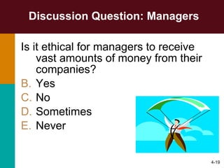 Discussion Question: Managers Is it ethical for managers to receive vast amounts of money from their companies? Yes No Sometimes Never 4- 