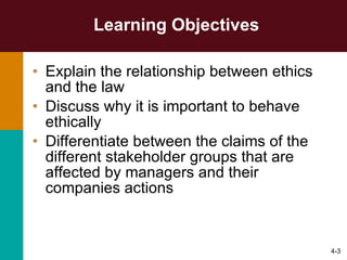 Learning Objectives Explain the relationship between ethics and the law Discuss why it is important to behave ethically Differentiate between the claims of the different stakeholder groups that are affected by managers and their companies actions 4- 