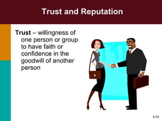 Trust and Reputation Trust  – willingness of one person or group to have faith or confidence in the goodwill of another person 4- 