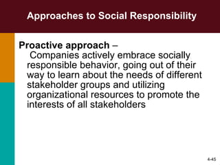 Approaches to Social Responsibility Proactive approach  –   Companies actively embrace socially responsible behavior, going out of their way to learn about the needs of different stakeholder groups and utilizing organizational resources to promote the interests of all stakeholders   4- 