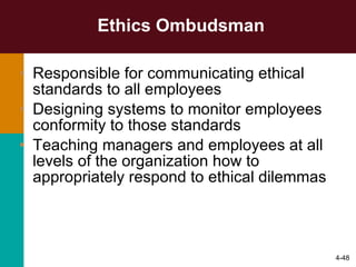 Ethics Ombudsman Responsible for communicating ethical standards to all employees Designing systems to monitor employees conformity to those standards Teaching managers and employees at all levels of the organization how to appropriately respond to ethical dilemmas 4- 
