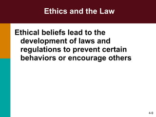 Ethics and the Law Ethical beliefs lead to the development of laws and regulations to prevent certain behaviors or encourage others 4- 