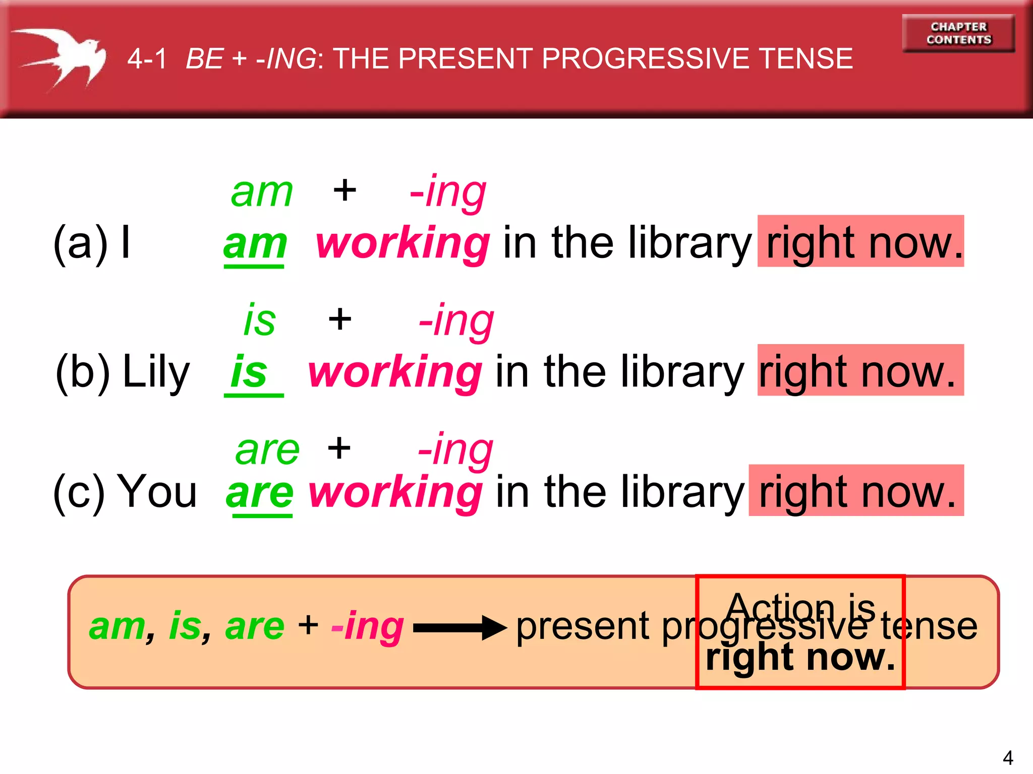 (b)   Lily  is   working   in the library right now. (a)   I   am   working   in the library right now. (c)   You   are   working   in the library right now. am   +   - ing is   +   -ing   are   +   -ing Action is right now. present progressive tense am ,  is ,  are   +   - ing 4-1  BE  + - ING : THE PRESENT PROGRESSIVE TENSE 