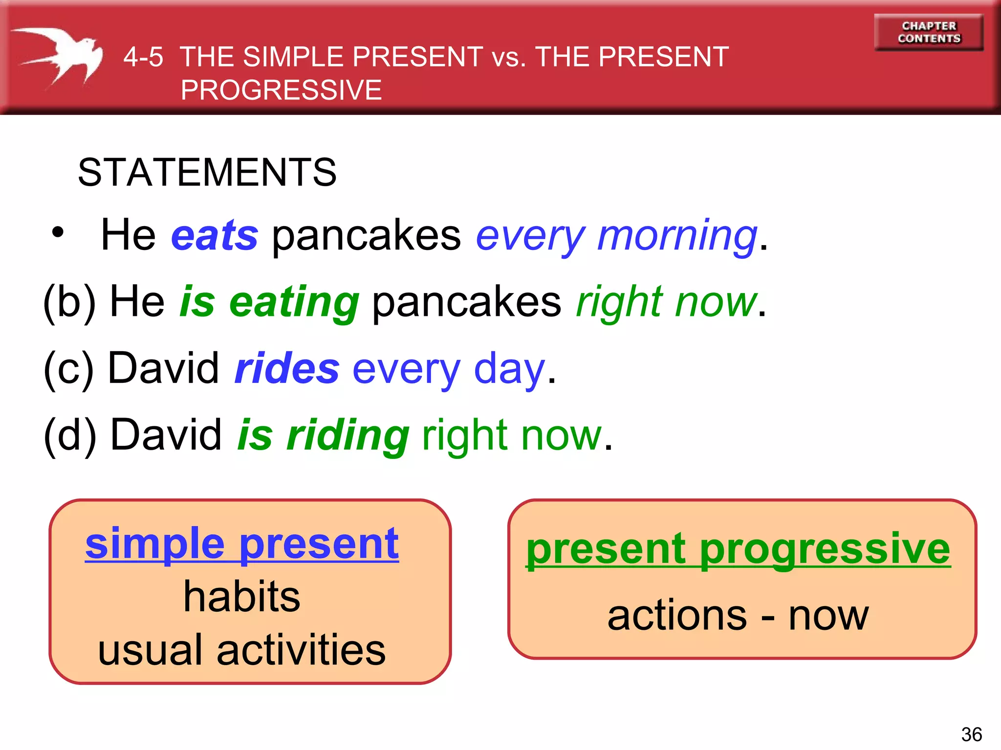 He  eats   pancakes  every morning . STATEMENTS (b) He  is eating  pancakes  right now . 4-5  THE SIMPLE PRESENT vs. THE PRESENT PROGRESSIVE  (c) David  rides  every day . (d) David  is riding  right now . present progressive actions - now simple present habits usual activities 