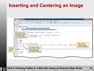 Inserting and Centering an Image Unit 4: Creating Tables in a Web Site Using an External Style Sheet 