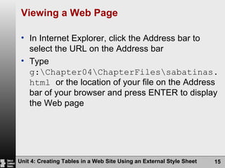 Viewing a Web Page  In Internet Explorer, click the Address bar to select the URL on the Address bar Type  g:\Chapter04\ChapterFiles\sabatinas.html  or the location of your file on the Address bar of your browser and press ENTER to display the Web page Unit 4: Creating Tables in a Web Site Using an External Style Sheet 