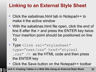 Linking to an External Style Sheet  Click the sabatinas.html tab in Notepad++ to make it the active window With the sabatinas.html file open, click the end of line 8 after the > and press the ENTER key twice. Your insertion point should be positioned on line 10 Type  <link rel=”stylesheet” type=”text/css” href=”styles1 .css” />  as the HTML code and then press the ENTER key Click the Save button on the Notepad++ toolbar Unit 4: Creating Tables in a Web Site Using an External Style Sheet 