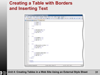 Creating a Table with Borders  and Inserting Text Unit 4: Creating Tables in a Web Site Using an External Style Sheet 