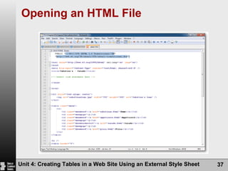 Opening an HTML File Unit 4: Creating Tables in a Web Site Using an External Style Sheet 