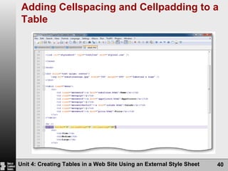 Adding Cellspacing and Cellpadding to a Table Unit 4: Creating Tables in a Web Site Using an External Style Sheet 