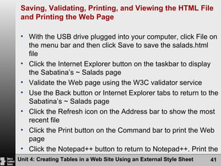 Saving, Validating, Printing, and Viewing the HTML File and Printing the Web Page With the USB drive plugged into your computer, click File on the menu bar and then click Save to save the salads.html file Click the Internet Explorer button on the taskbar to display the Sabatina’s ~ Salads page Validate the Web page using the W3C validator service Use the Back button or Internet Explorer tabs to return to the Sabatina’s ~ Salads page Click the Refresh icon on the Address bar to show the most recent file Click the Print button on the Command bar to print the Web page Click the Notepad++ button to return to Notepad++. Print the file Unit 4: Creating Tables in a Web Site Using an External Style Sheet 