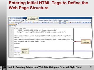 Entering Initial HTML Tags to Define the Web Page Structure Unit 4: Creating Tables in a Web Site Using an External Style Sheet 