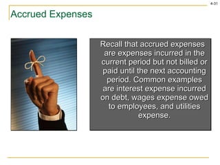 Accrued Expenses Recall that accrued expenses are expenses incurred in the current period but not billed or paid until the next accounting period. Common examples are interest expense incurred on debt, wages expense owed to employees, and utilities expense. 